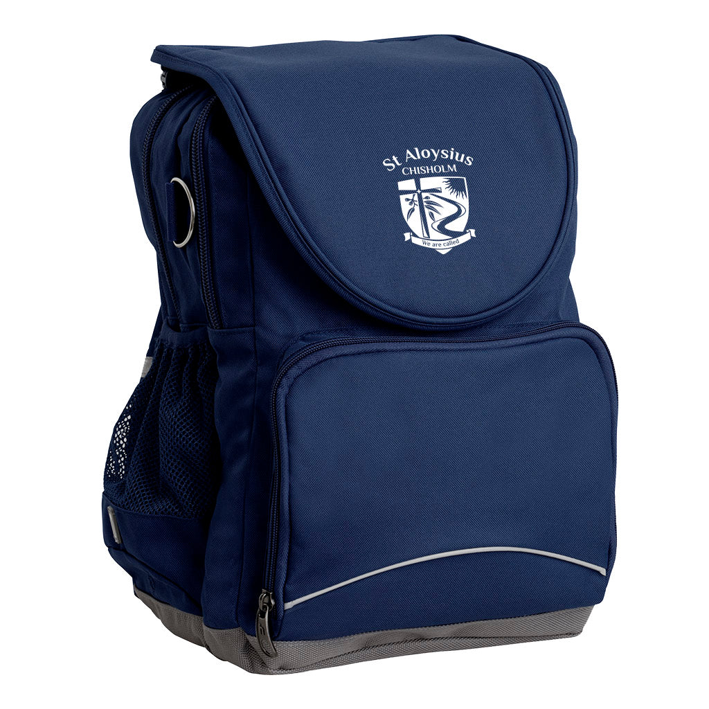 St Aloysius School Chisholm Ergo Tuff-Pack backpack Navy. Front side angle, padded shoulder straps, two zipper compartments, front zipper pocket, D-Ring and mesh water bottle.