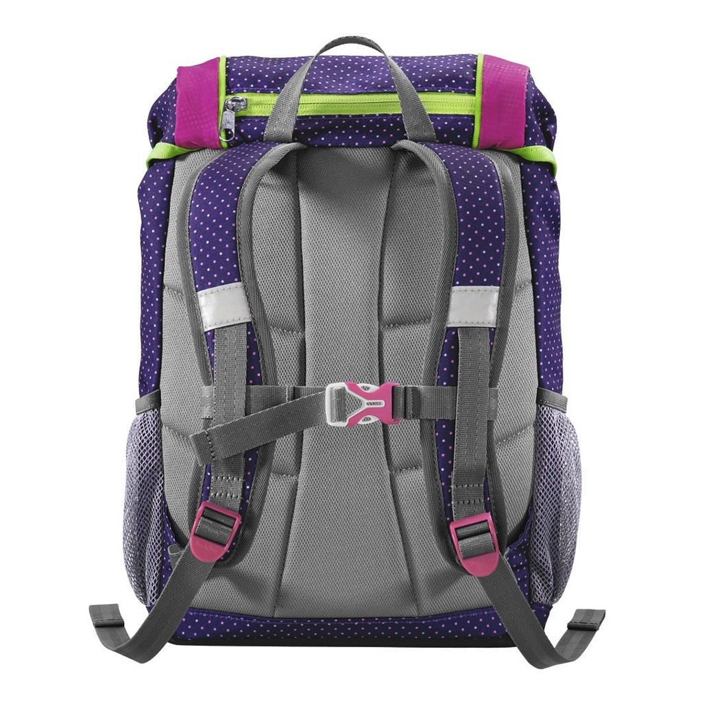Purple pok-a-dot Step By Step Junior Shiny Butterfly backpack back angle view displaying handle and shoulder straps with back panel padding