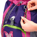 Purple pok-a-dot Step By Step Junior Shiny Butterfly backpack front zoomed in angle view displaying buckled clip, butterfly chain and draw string close