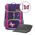 Purple pok-a-dot Step By Step backpack front angle view displaying a top pocket, a buckle clip and a butterfly chain with a front lower pocket at the bottom, showing two side water bottle holders, butterfly magnet and seat cushion
