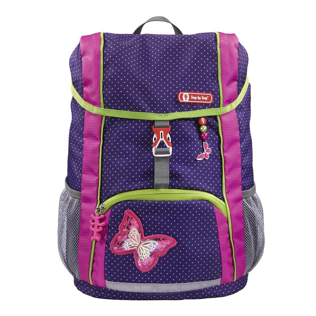 Purple pok-a-dot Step By Step Junior Shiny Butterfly backpack front angle view displaying a top pocket, a buckle clip and a butterfly chain with a front lower pocket at the bottom, magnetic butterfly and showing two side water bottle holders