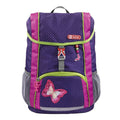 Purple pok-a-dot Step By Step Junior Shiny Butterfly backpack front angle view displaying a top pocket, a buckle clip and a butterfly chain with a front lower pocket at the bottom, magnetic butterfly and showing two side water bottle holders
