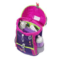 Purple pok-a-dot Step By Step Junior Shiny Butterfly backpack top angle view displaying inside of the top pocket, draw string, buckle clip, water bottle holder