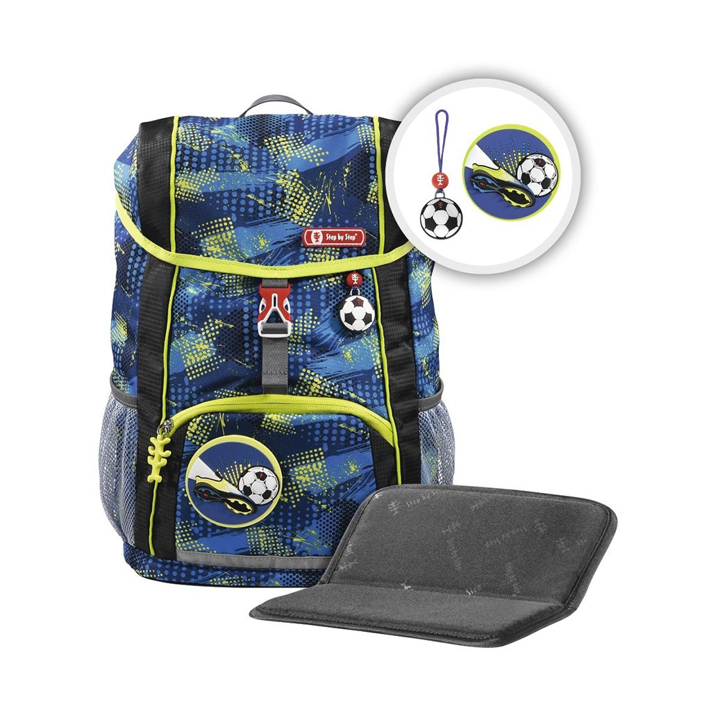 Blue and Lime Step By Step soccer backpack front angle view displaying a top pocket, a buckle clip and a soccer chain with a front lower pocket at the bottom, showing two side water bottle holders, soccer ball magnet and seat cushion