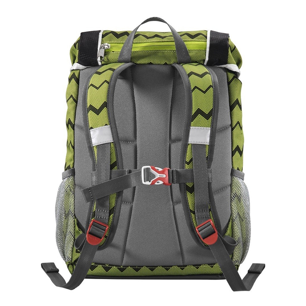 Lime and Black Step By Step Wild cat backpack back angle view displaying handle and shoulder straps with back panel padding
