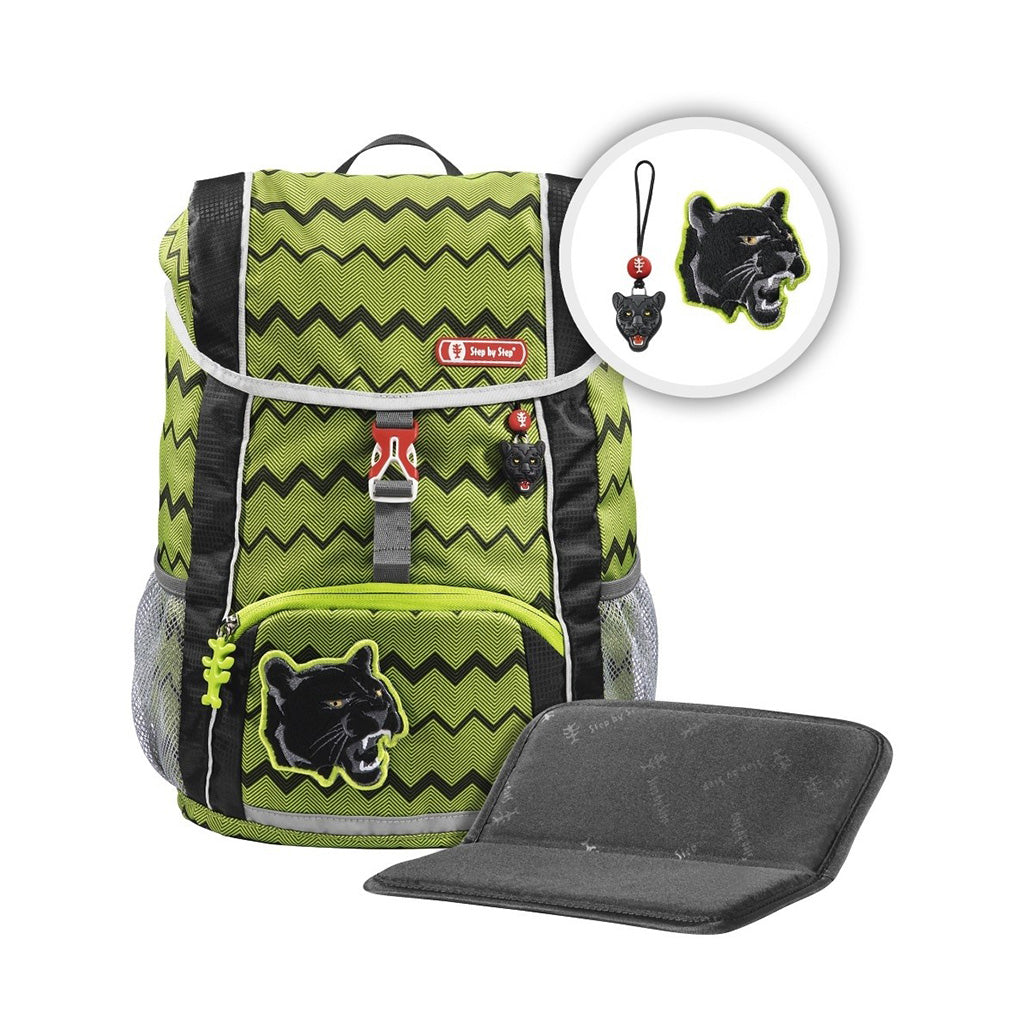 Lime and Black Step By Step Wild cat backpack front angle view displaying a top pocket, a buckle clip and a wild cat chain with a front lower pocket at the bottom, showing two side water bottle holders, Wild cat magnet and seat cushion