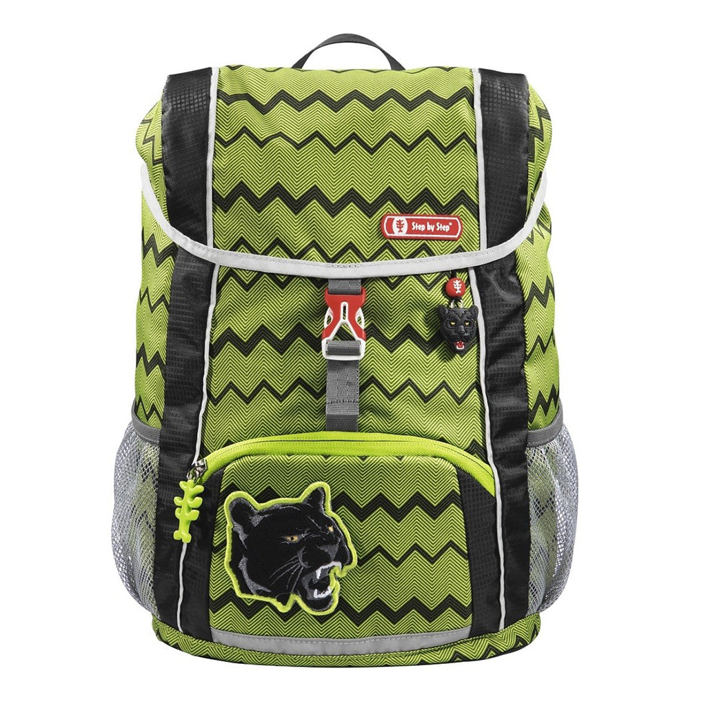 Lime and Black Step By Step Junior Wild Cat backpack front angle view displaying a top pocket, a buckle clip and a wild cat chain with a front lower pocket at the bottom, magnetic wild cat and showing two side water bottle holders