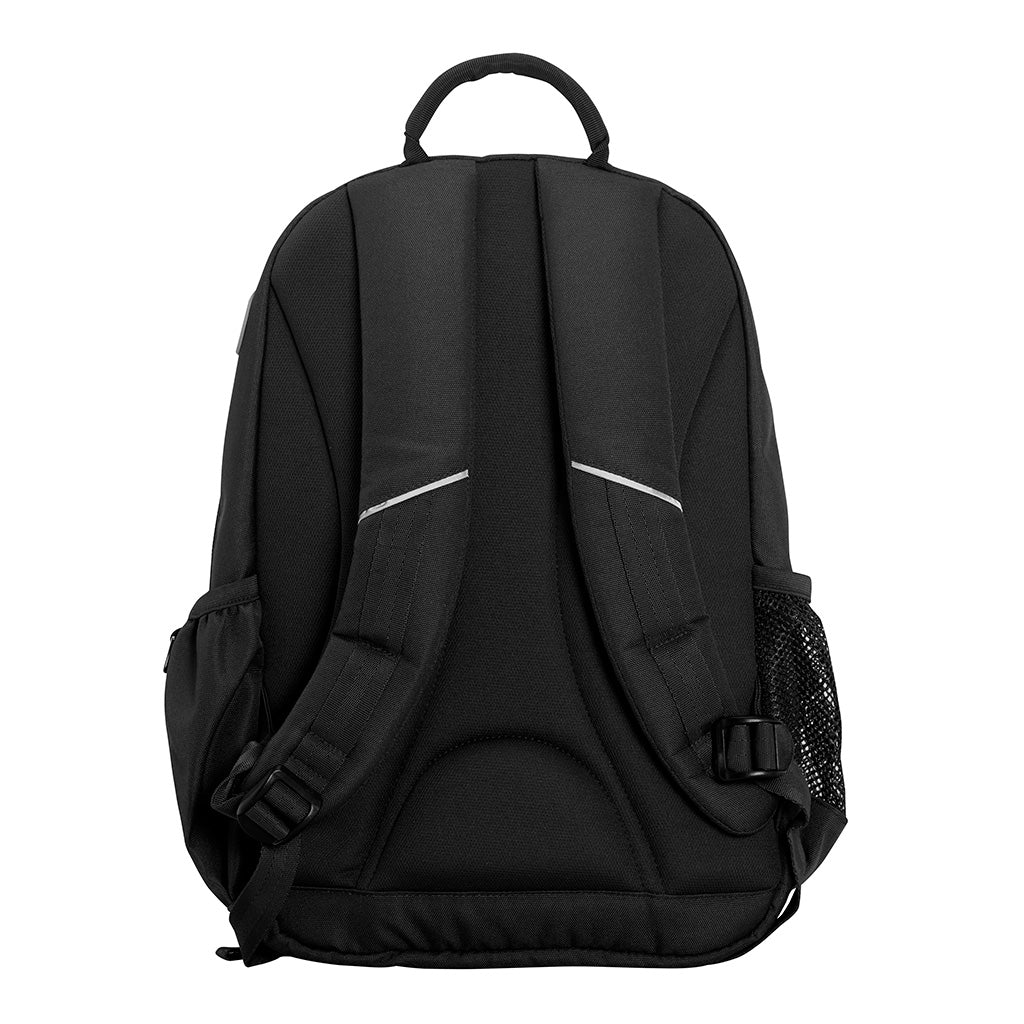 Harlequin Study Tuff-Pack in Black displaying carry handle, padded back panel, mesh water bottle holder, fabric water bottle holder, padded shoulder straps with reflective piping