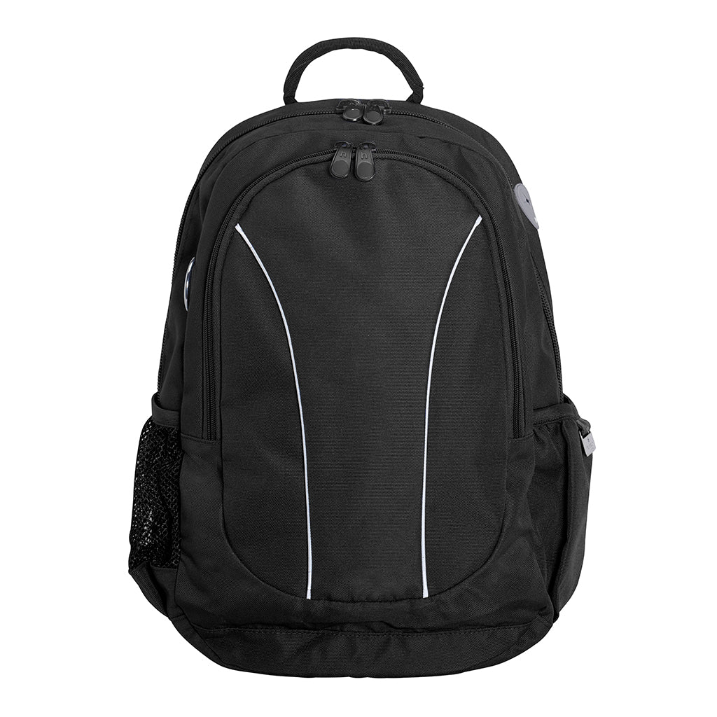 Harlequin Study Tuff-Pack in Black displaying carry handle, two zipper compartments, mesh water bottle holder, phone/music pocket and ear bud hole and reflective pipping on front pocket