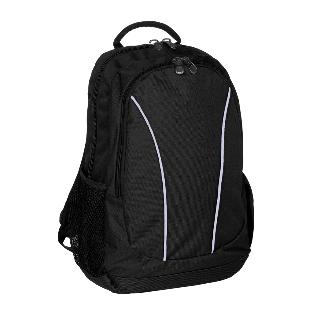 Harlequin Study Tuff-Pack in Black displaying carry handle, two zipper compartments, mesh water bottle holder and reflective pipping on front pocket