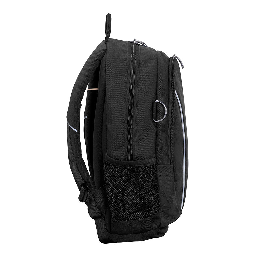 Harlequin Study Tuff-Pack in Black displaying carry handle, two zipper compartments, mesh water bottle holder and D-Ring