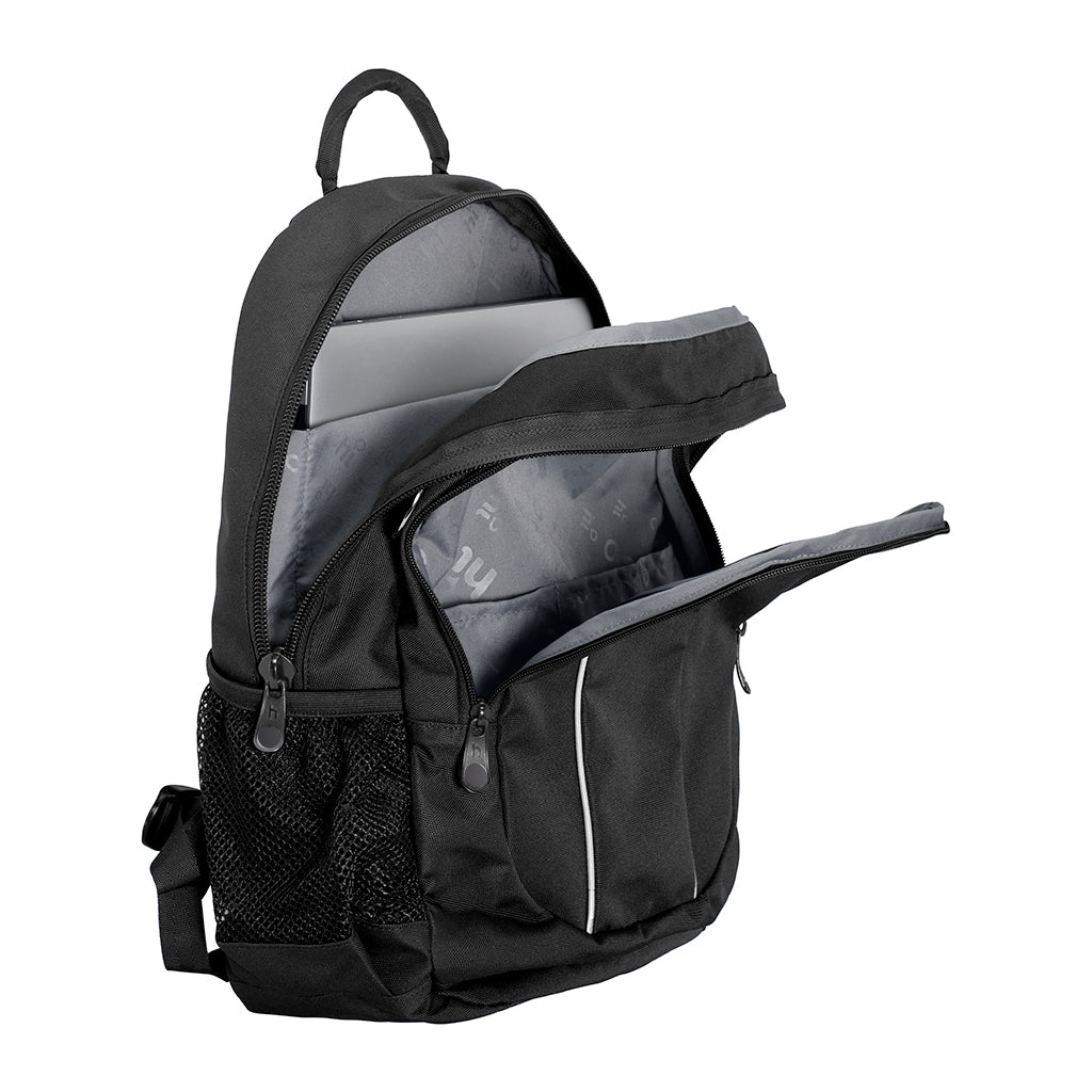 Harlequin Study Tuff-Pack in Black displaying carry handle, two zipper compartments opened, Laptop sleeve, inside pockets and mesh water bottle holder