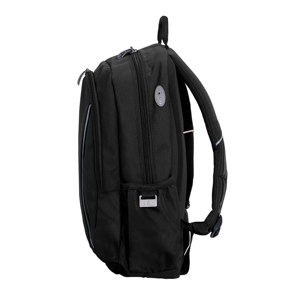 Harlequin Study Tuff-Pack in Black displaying carry handle, two zipper compartments, water bottle holder and phone/music pocket and ear bud hole