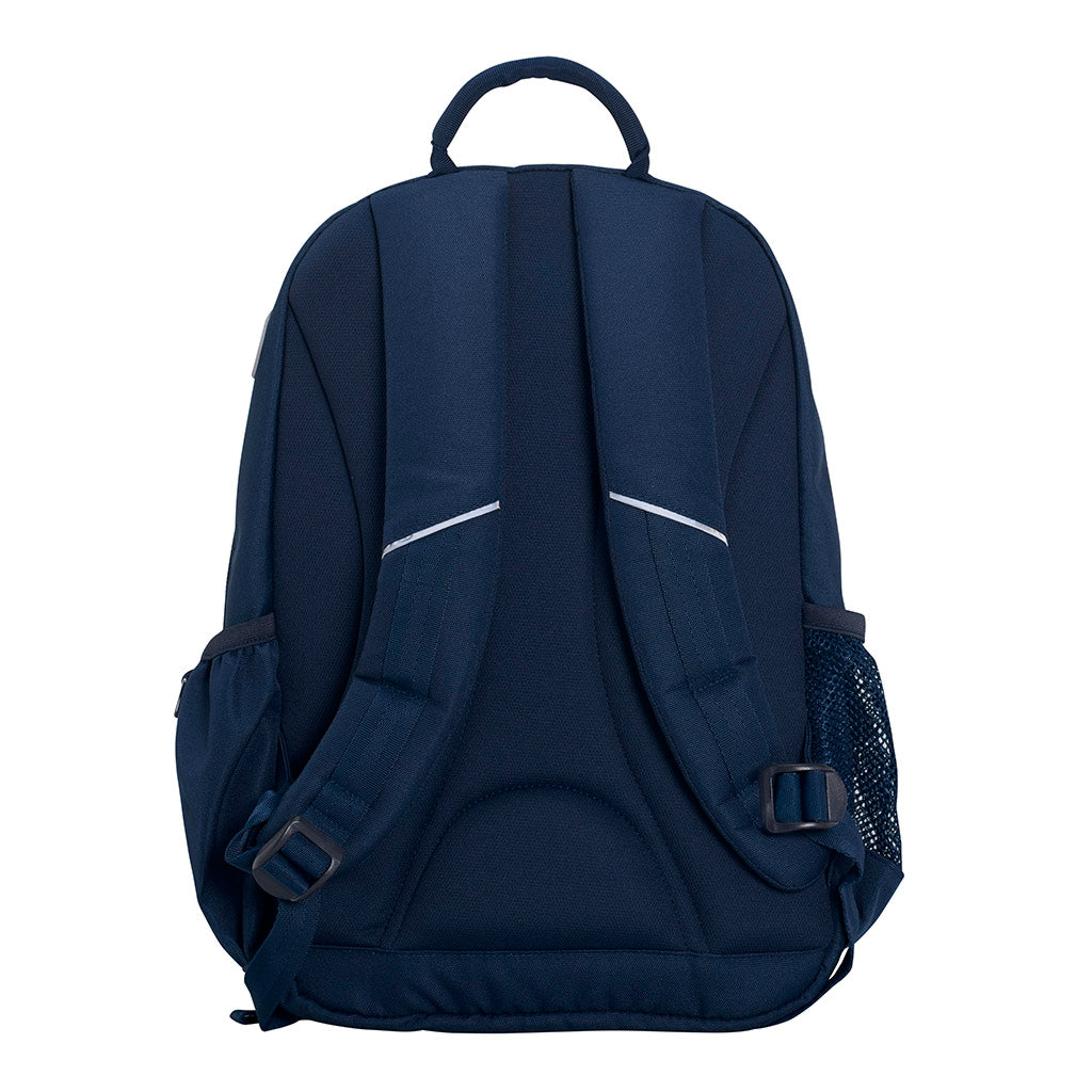 Harlequin Study Tuff-Pack in Navy displaying carry handle, padded back panel, mesh water bottle holder, fabric water bottle holder, padded shoulder straps with reflective piping