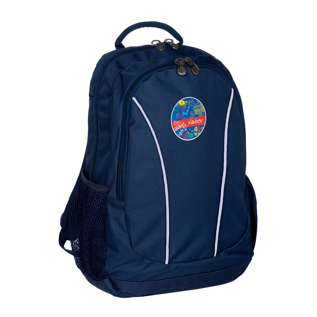 Harlequin Study Tuff-Pack backpack in Navy displaying carry handle, two zipper compartments, mesh water bottle holder, reflective pipping on front pocket and a personalisation on the front