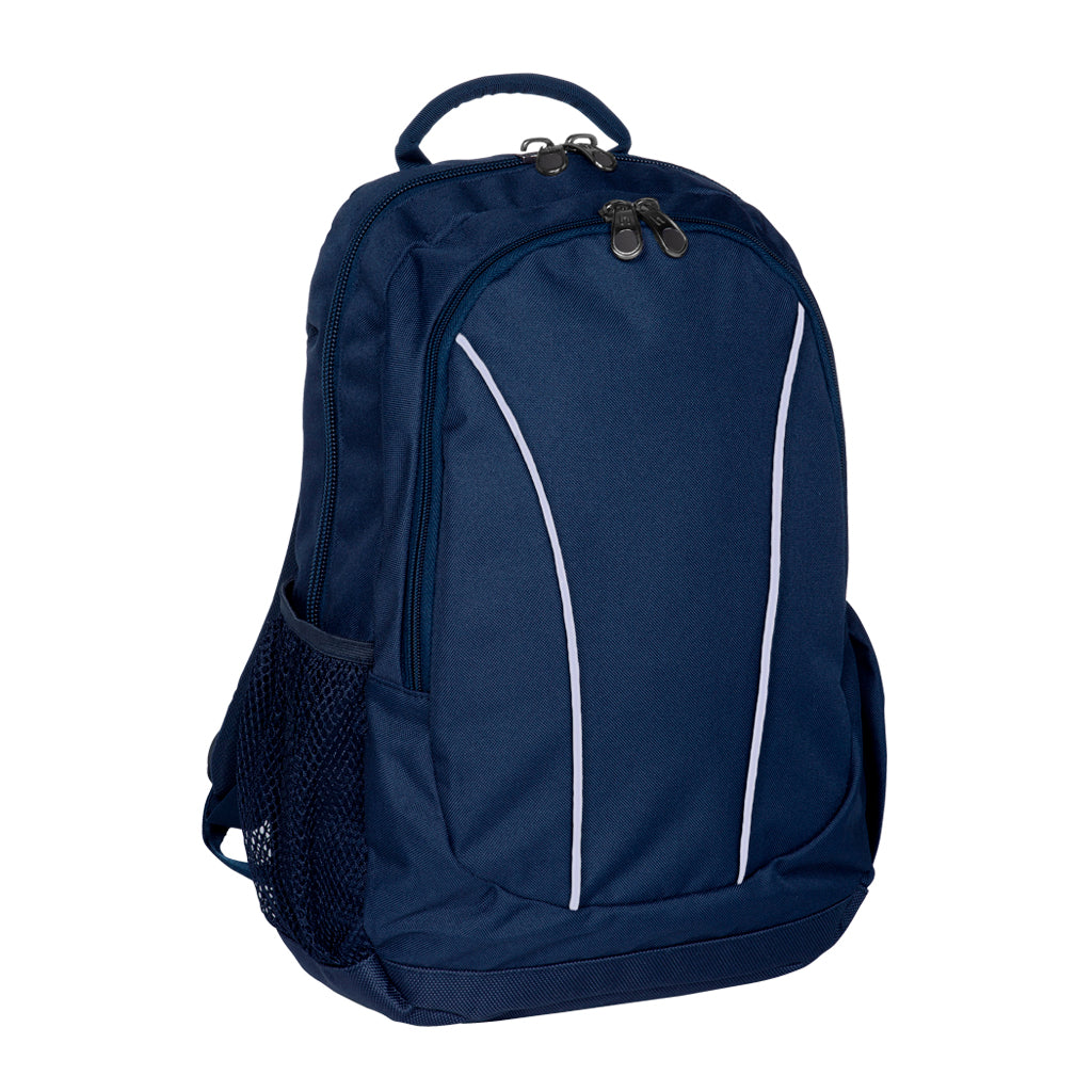 Harlequin Study Tuff-Pack in Navy displaying carry handle, two zipper compartments, mesh water bottle holder and reflective pipping on front pocket