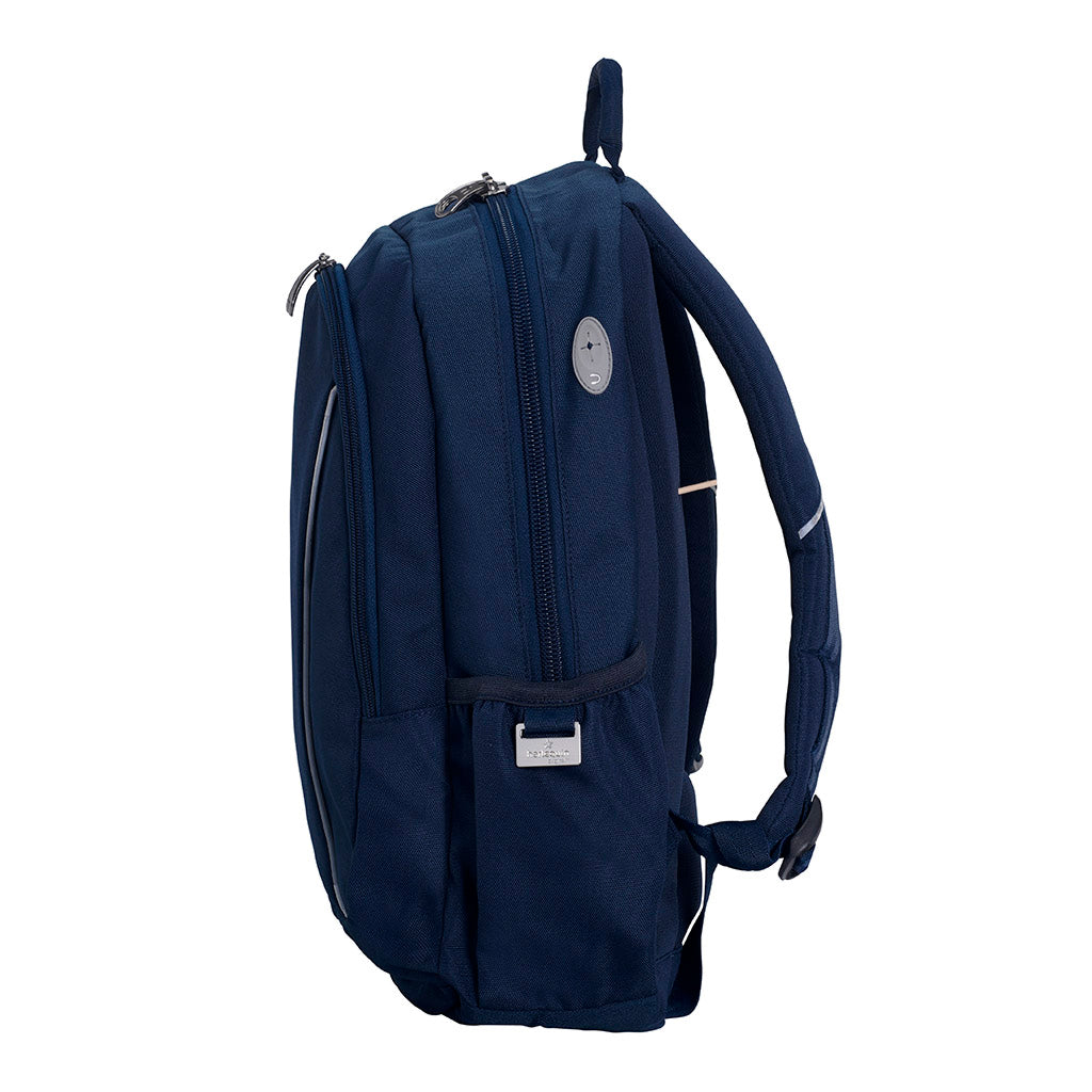Harlequin Study Tuff-Pack in Navy displaying carry handle, two zipper compartments, water bottle holder and phone/music pocket and ear bud hole