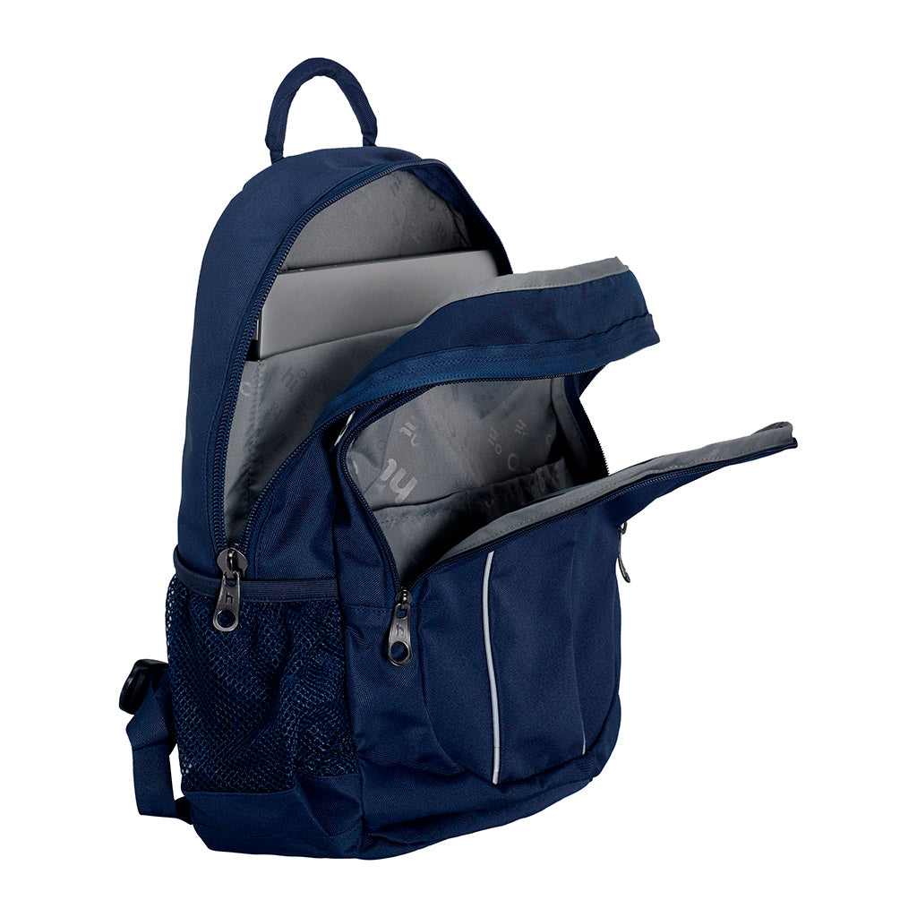 Harlequin Study Tuff-Pack in Navy displaying carry handle, two zipper compartments opened, Laptop sleeve, inside pockets and mesh water bottle holder