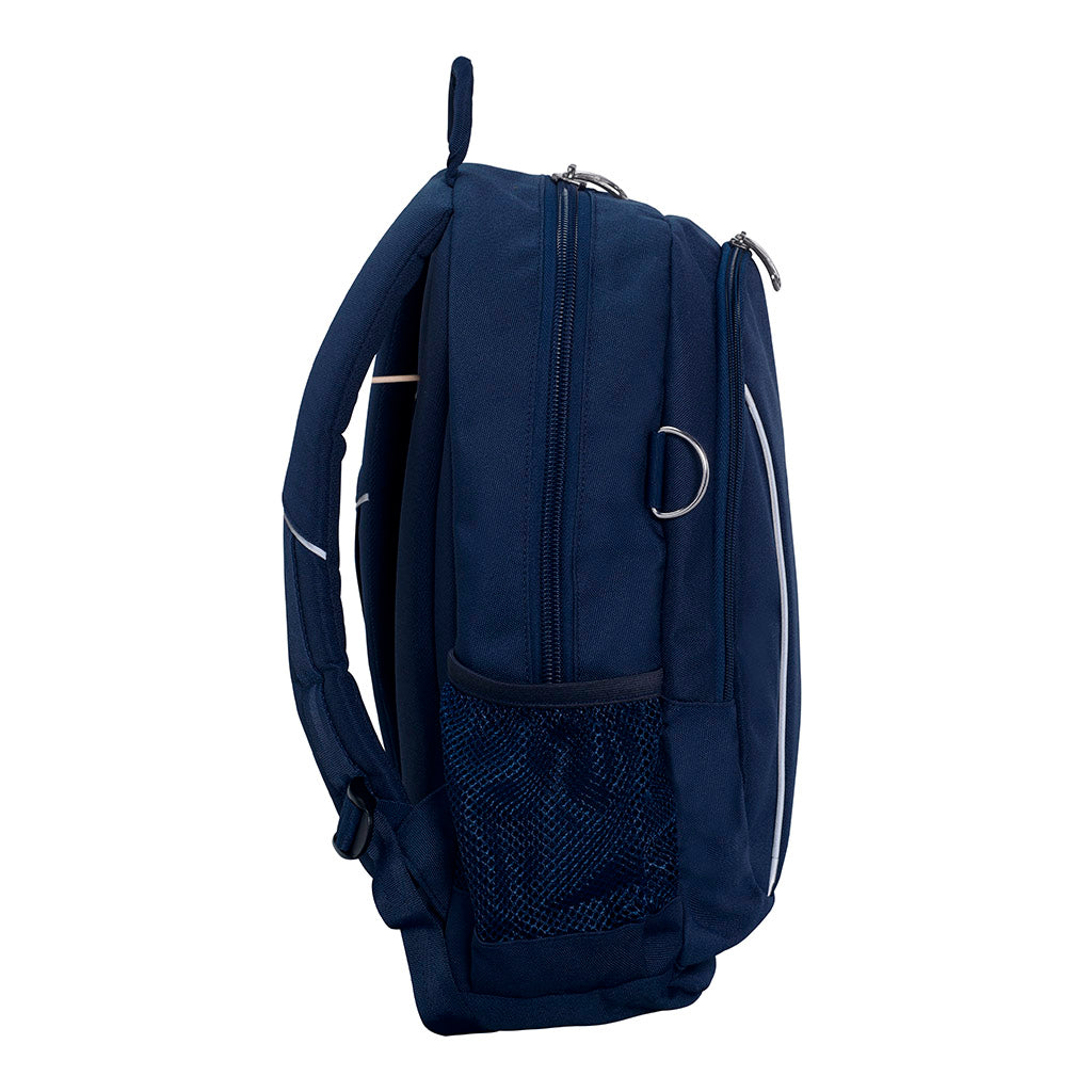 Harlequin Study Tuff-Pack in Navy displaying carry handle, two zipper compartments, mesh water bottle holder and D-Ring