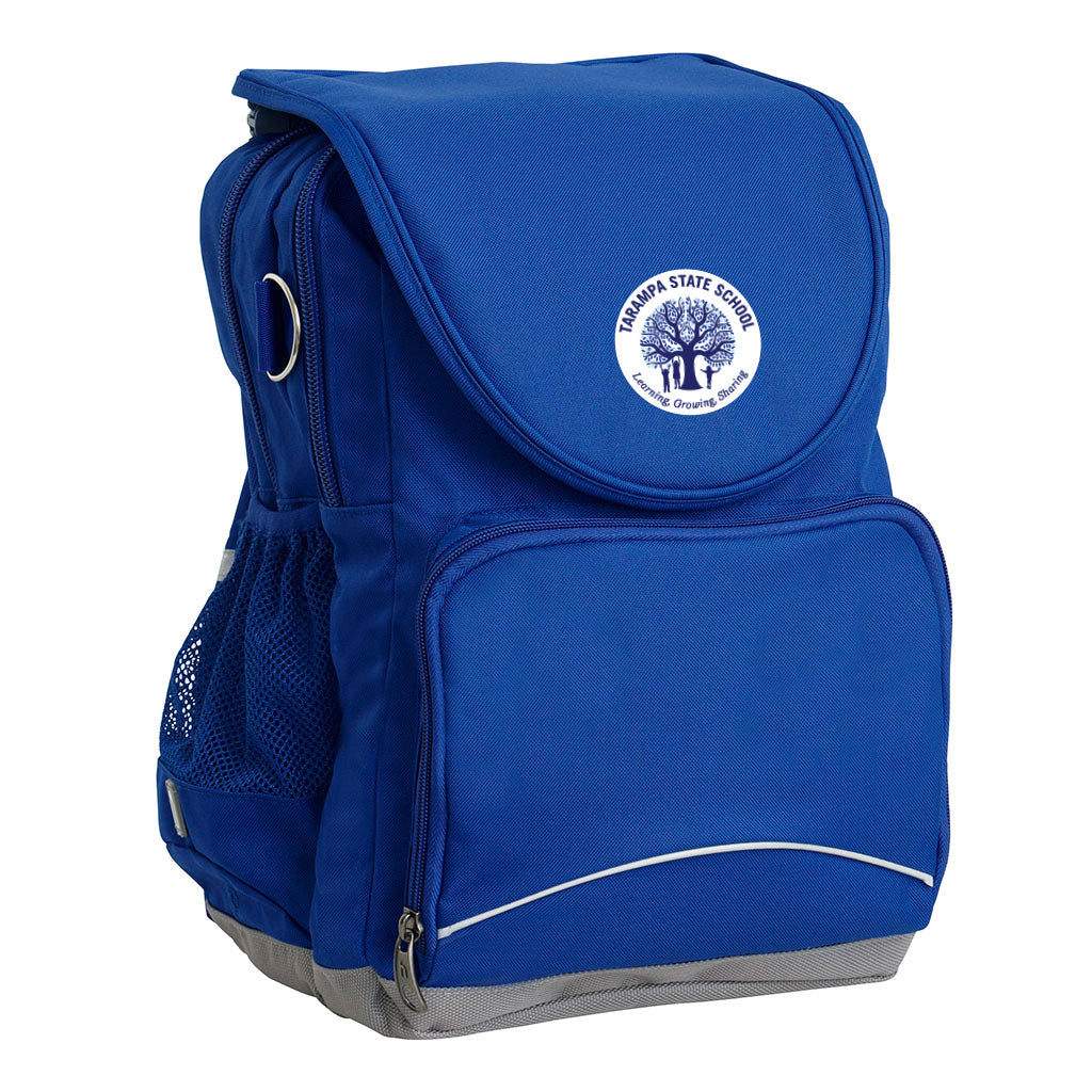 Tarampa State School Ergo Tuff-Pack backpack Royal. Front side angle, padded shoulder straps, two zipper compartments, front zipper pocket, D-Ring and mesh water bottle.