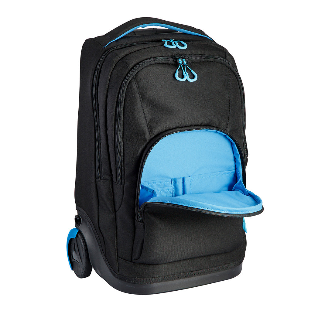 Harlequin black TECH trolley bag front angled view displaying carry handle with blue padding, two large zip compartments with blue zips and a front open pocket with blue lining