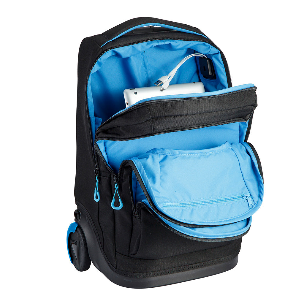 Harlequin black TECH trolley bag front angled view displaying carry handle with blue padding, all zipper compartments open with blue lining