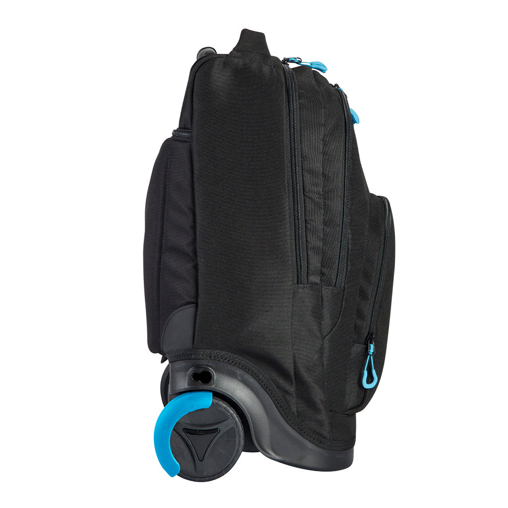 Harlequin black TECH trolley bag side angle displaying carry handle, two large compartments and front pocket with blue zips and wheel