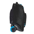 Harlequin black TECH trolley bag side angle displaying carry handle, two large compartments and front pocket with blue zips and wheel