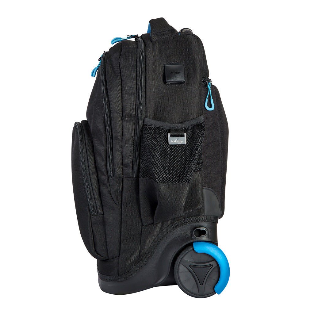 Harlequin black TECH trolley bag side angle displaying carry handle, two large compartments and front pocket with blue zips, water bottle holder and wheel