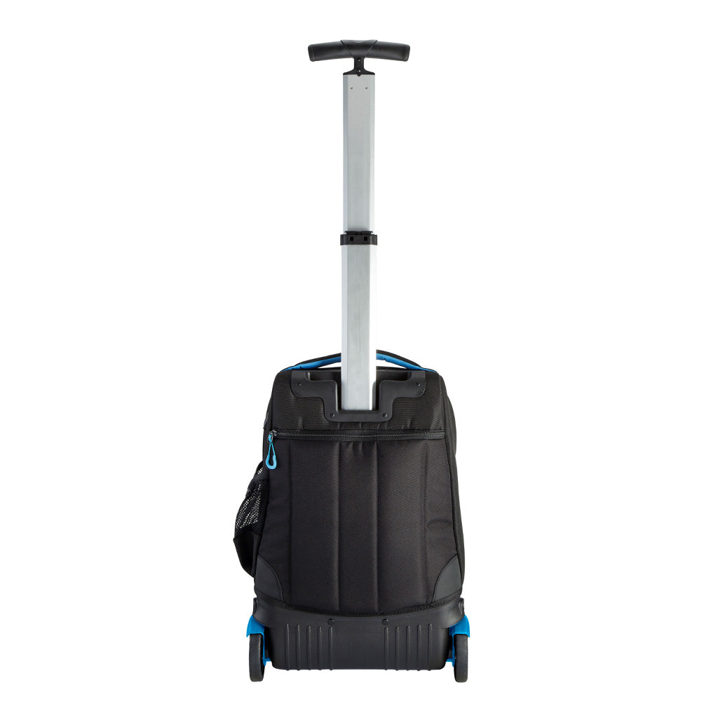 Harlequin black TECH trolley bag back angled view displaying carry handle with blue padding, silver extendable handle, zipper compartments on the back, back wheels and water bottle holder