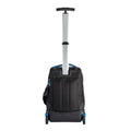 Harlequin black TECH trolley bag back angled view displaying carry handle with blue padding, silver extendable handle, zipper compartments on the back, back wheels and water bottle holder