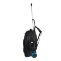 Harlequin black TECH trolley bag side angled view displaying carry handle with blue padding, silver extendable handle, front zipper compartments, opened zipper compartments on the back with shoulder straps, back wheel and water bottle holder