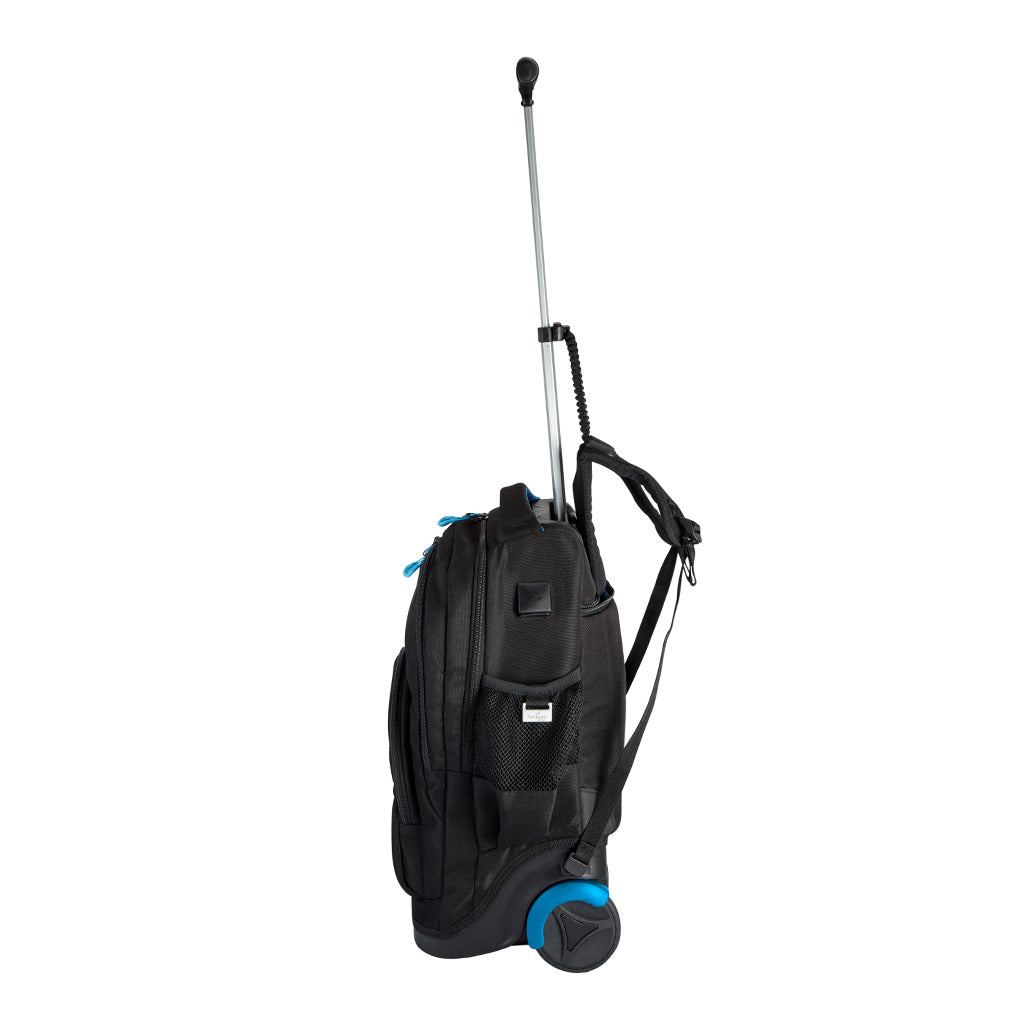 Harlequin black TECH trolley bag side angled view displaying carry handle with blue padding, silver extendable handle, front zipper compartments, opened zipper compartments on the back with shoulder straps, back wheel and water bottle holder