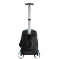 Harlequin black TECH trolley bag back angled view displaying carry handle with blue padding, silver extendable handle, opened zipper compartments on the back with shoulder straps, back wheels and water bottle holder