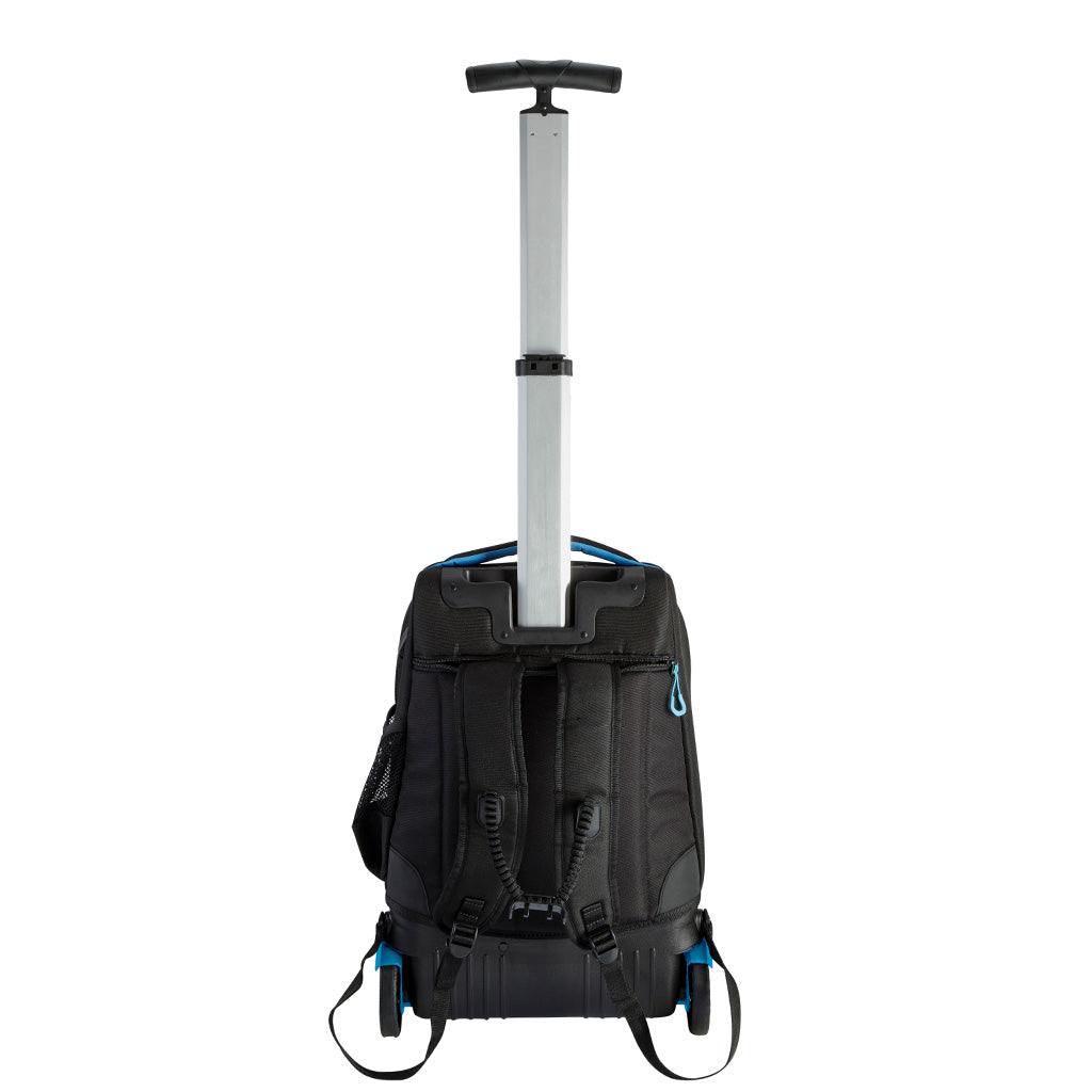Harlequin black TECH trolley bag back angled view displaying carry handle with blue padding, silver extendable handle, opened zipper compartments on the back with shoulder straps, back wheels and water bottle holder