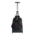 Harlequin black TECH trolley bag back angled view displaying carry handle with blue padding, silver extendable handle, opened zipper compartments on the back with shoulder straps, back wheels and water bottle holder