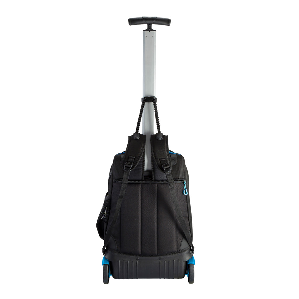 Harlequin black TECH trolley bag back angled view displaying carry handle with blue padding, silver extendable handle, opened zipper compartments on the back with shoulder straps, back wheels and water bottle holder