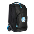 Harlequin black TECH trolley school bag front angled view displaying carry handle with blue padding, two large zip compartments and a front pocket with blue zips, back wheel, and personalisation on the front