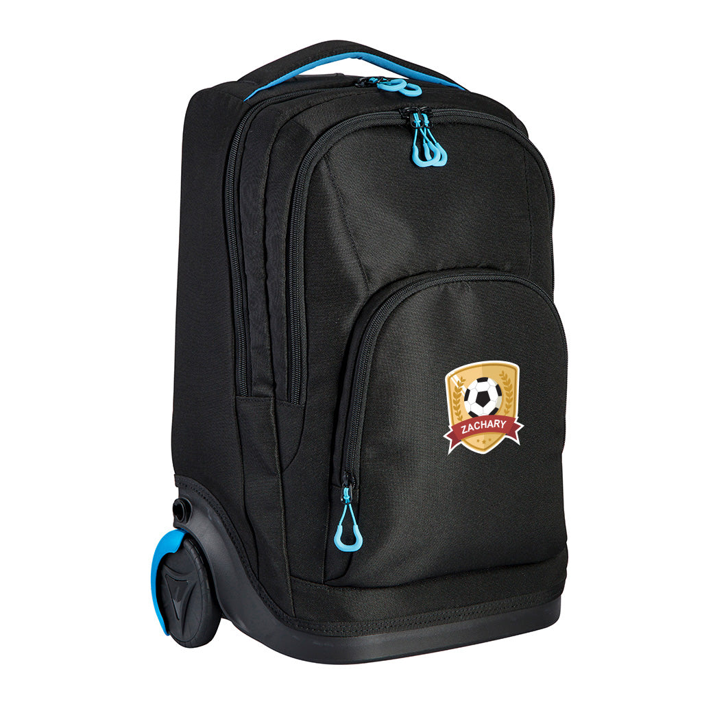 Harlequin black TECH trolley bag front angled view displaying carry handle with blue padding, two large zip compartments and a front pocket with blue zips, back wheel, and personalisation on the front