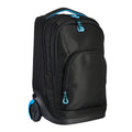 Harlequin black TECH trolley bag front angled view displaying carry handle with blue padding, two large zip compartments and a front pocket with blue zips, back wheel.