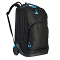 Harlequin black TECH trolley bag front angled view displaying carry handle with blue padding, two large zip compartments and a front pocket with blue zips, back wheel.