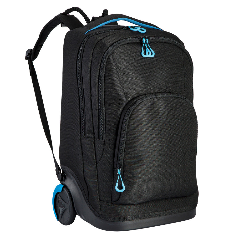 Harlequin black TECH trolley bag front angled view displaying carry handle with blue padding, two large zip compartments and a front pocket with blue zips, back wheel.