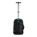 Harlequin black TECH trolley bag front angled view displaying carry handle with blue padding, silver extendable handle, zipper compartments and a front pocket with blue zips, back wheel and water bottle holder