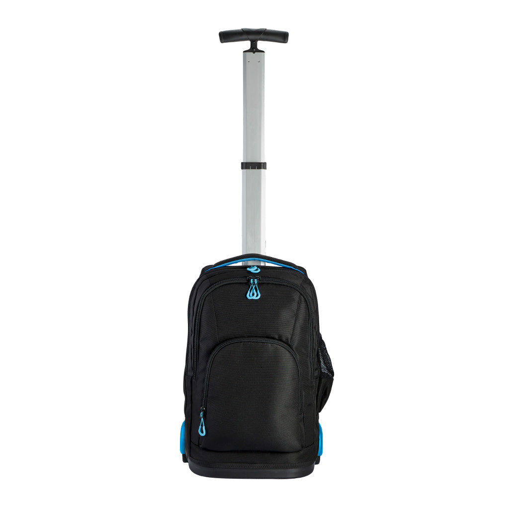 Harlequin black TECH trolley bag front angled view displaying carry handle with blue padding, silver extendable handle, zipper compartments and a front pocket with blue zips, back wheel and water bottle holder