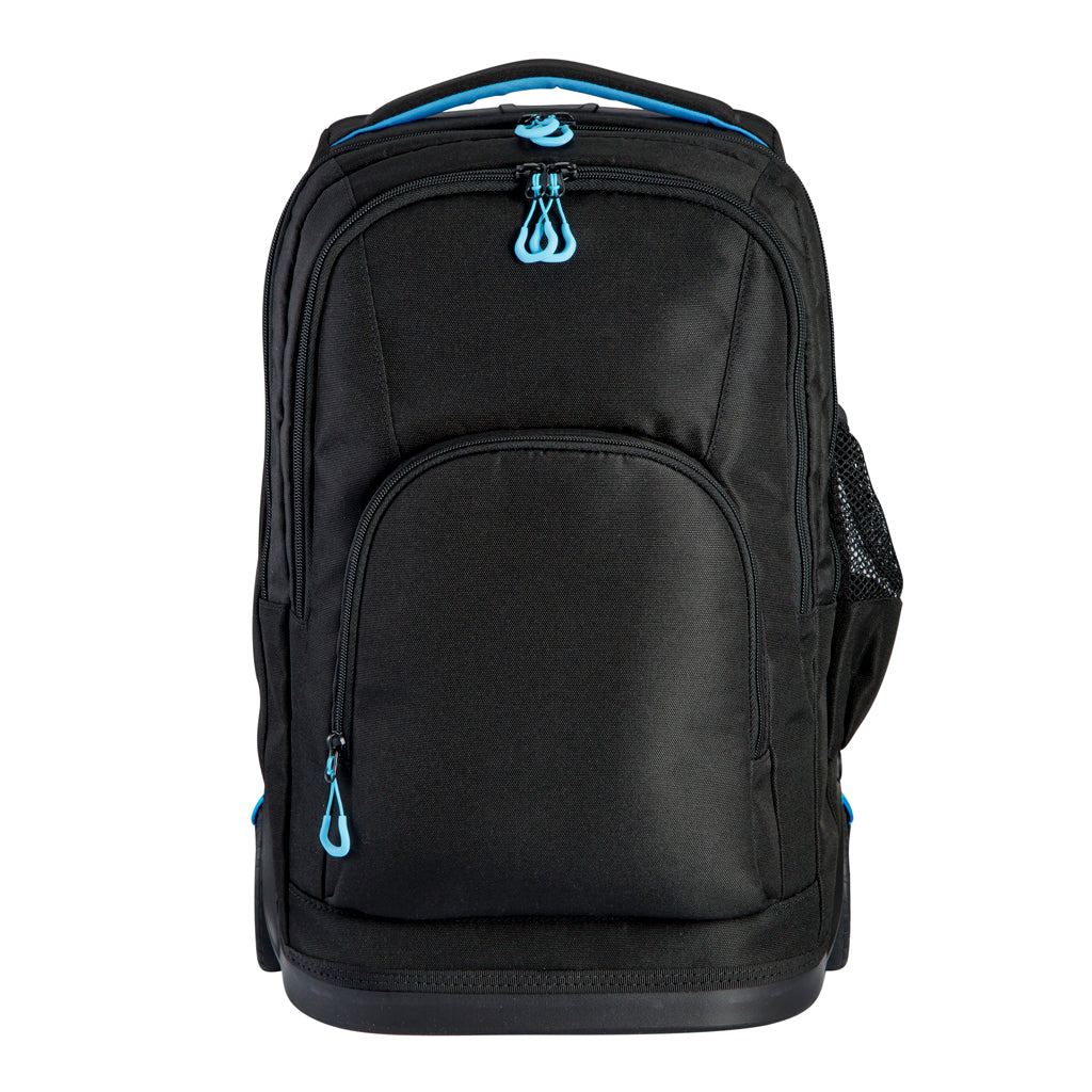 Harlequin black TECH trolley bag front view displaying carry handle with blue padding, two large zip compartments and a front pocket with blue zips.