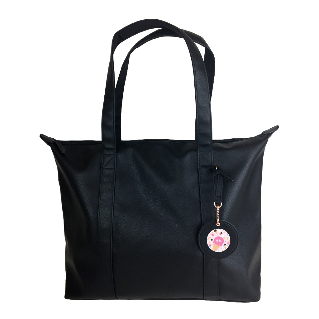 Harlequin Ladies TECH tote bag in black front angle view displaying shoulder handles, key chain and personalisation