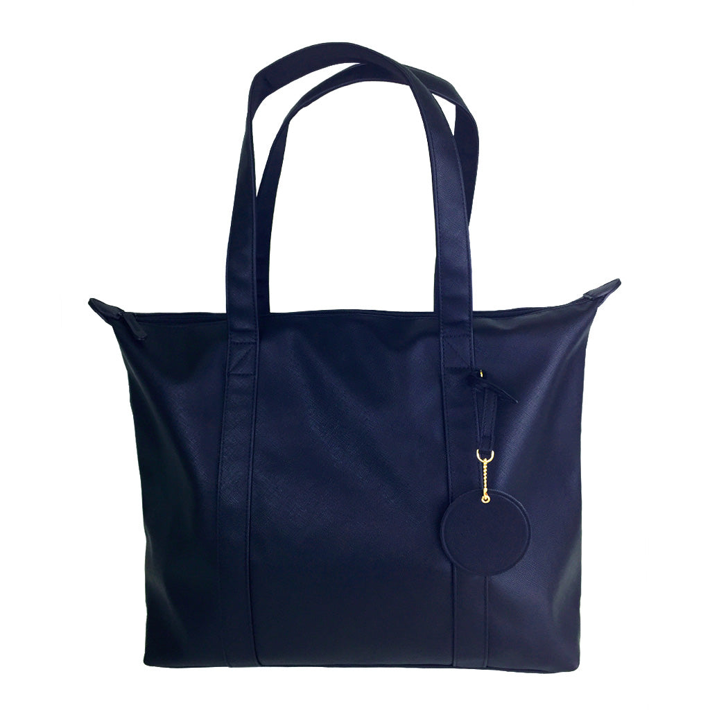 Harlequin Ladies TECH tote bag in navy front angle view displaying shoulder handles, key chain