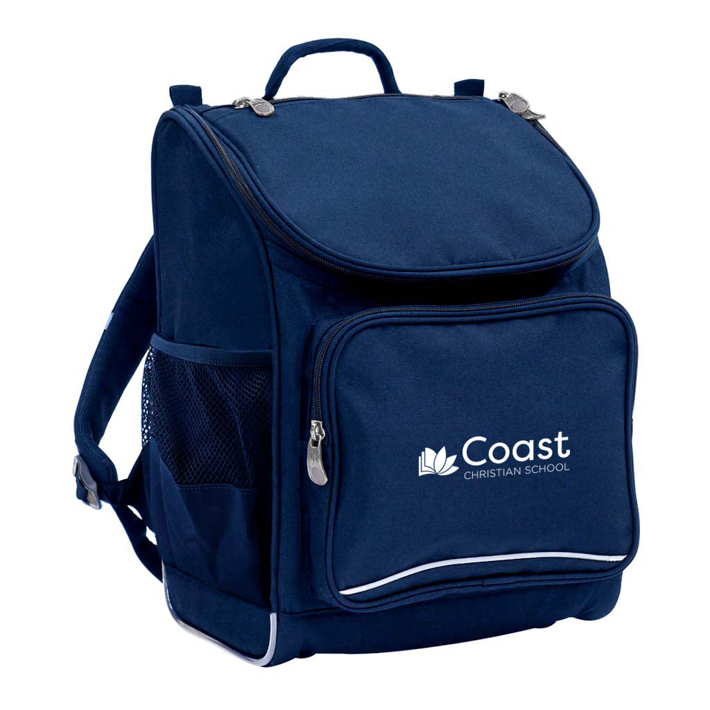 Mighty backpack in colour Navy, front side angle displaying carry handle, padded shoulder straps, top zipper compartment, front zipper pocket and mesh water bottle holder with Coast Christian School logo