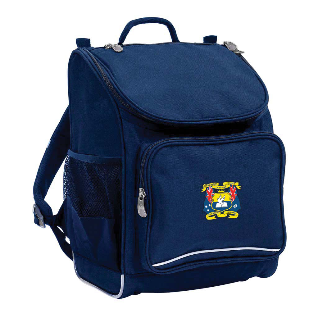 Mighty backpack in colour Navy, front side angle displaying carry handle, padded shoulder straps, top zipper compartment, front zipper pocket and mesh water bottle holder with Toowoomba Christian College logo