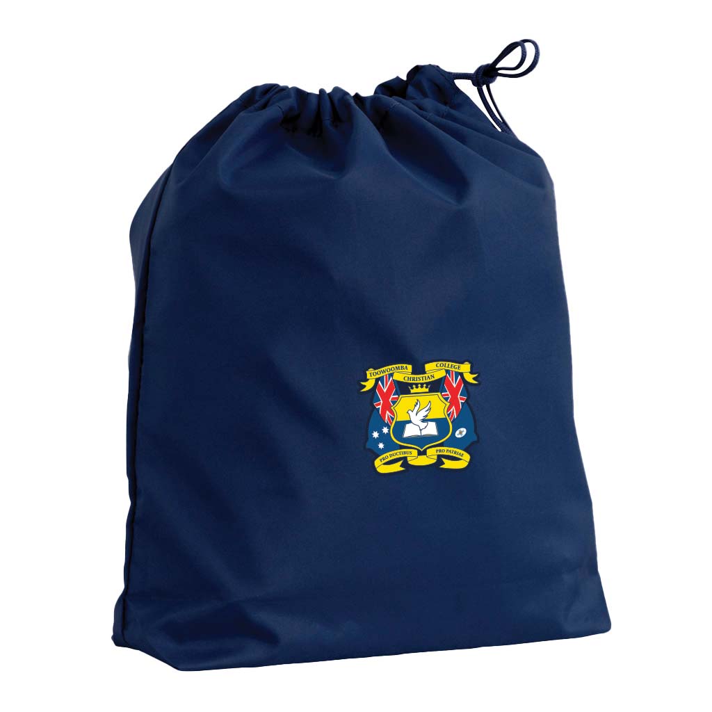 Harlequin navy eco gym bag front angle view displaying drawstring toggle